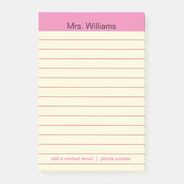 Personalised Business lines Pink Stripe Teacher Post-it Notes (Front)
