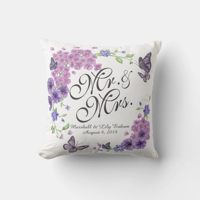 Personalised Butterflies Floral Wedding Pillow (Front)