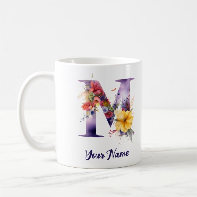Personalised Butterfly and Flowers  Letter "M" Coffee Mug (Left)