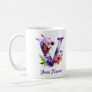 Personalised Butterfly and Flowers Letter "V" Coffee Mug