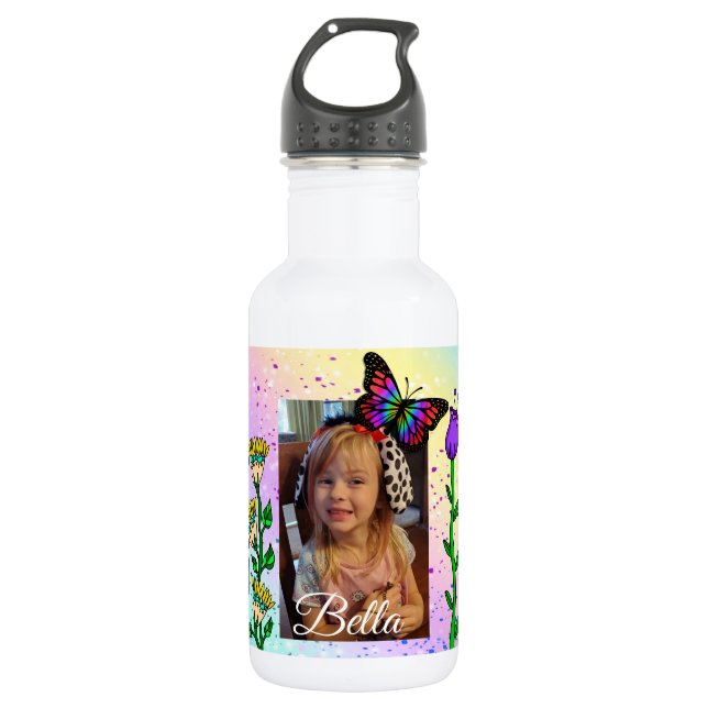Personalised Butterfly and Flowers Photo and Name 532 Ml Water Bottle (Front)
