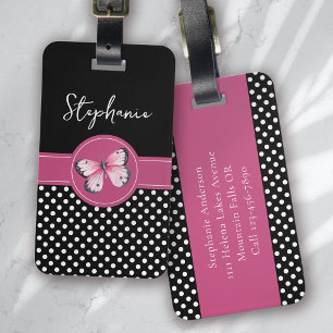 Personalised Butterfly Black Pink White Polka Dots Luggage Tag