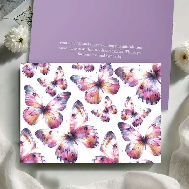 Personalised Butterfly Funeral Thank You Cards (Butterfly funeral thank you cards watercolor purple butterflies by Victoria Grigaliunas)