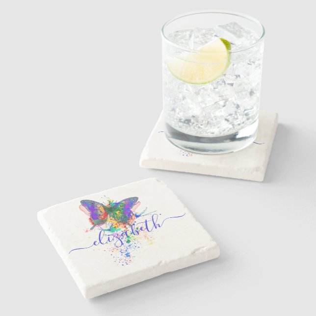 Personalised butterfly splatter   stone coaster (Side)