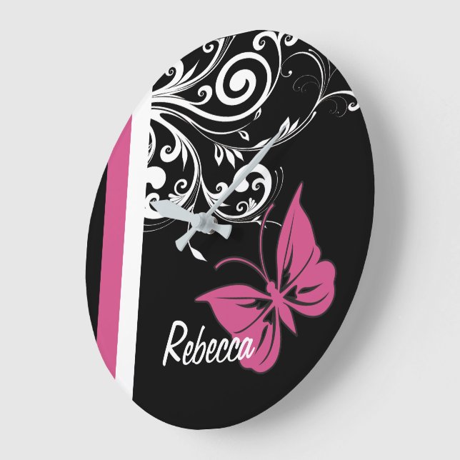 Personalised Butterfly Swirls Cranberry Pink Large Clock (Angle)