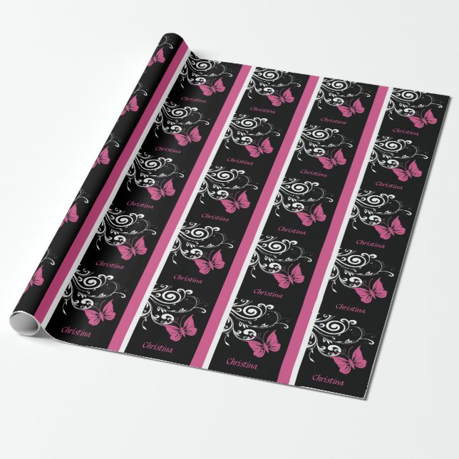 Personalised Butterfly Swirls Cranberry Pink Wrapping Paper (Unrolled)