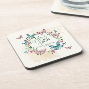 Personalised Butterfly Wreath Wedding   Coaster