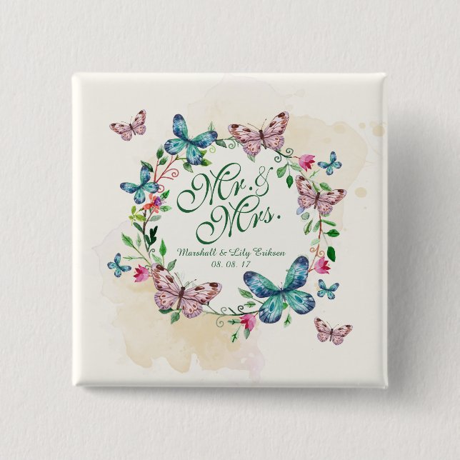 Personalised Butterfly Wreath Wedding Pin Button (Front)