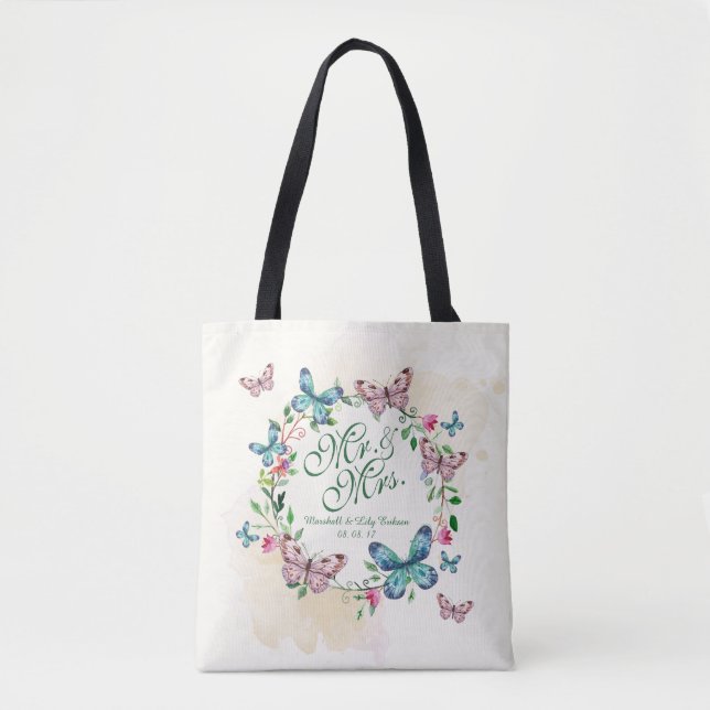 Personalised Butterfly Wreath Wedding Tote Bag (Front)