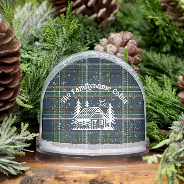 Personalised Cabin Snow Globe with Green Tartan  (Winter)