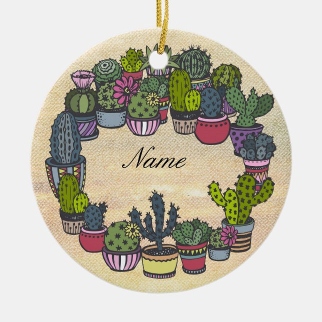 Personalised Cactus Wreath Ceramic Tree Decoration (Front)