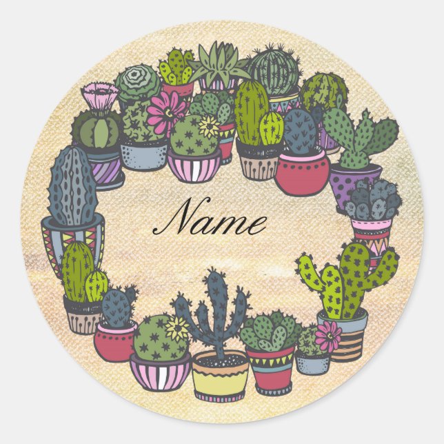 Personalised Cactus Wreath Classic Round Sticker (Front)