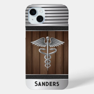 Personalised Caduceus Doctor Metal & Wood iPhone 15 Mini Case