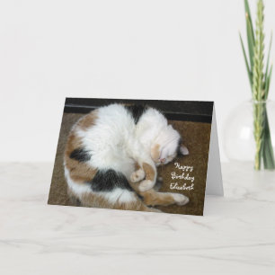Personalised Calico cat curled up asleep Birthday Card