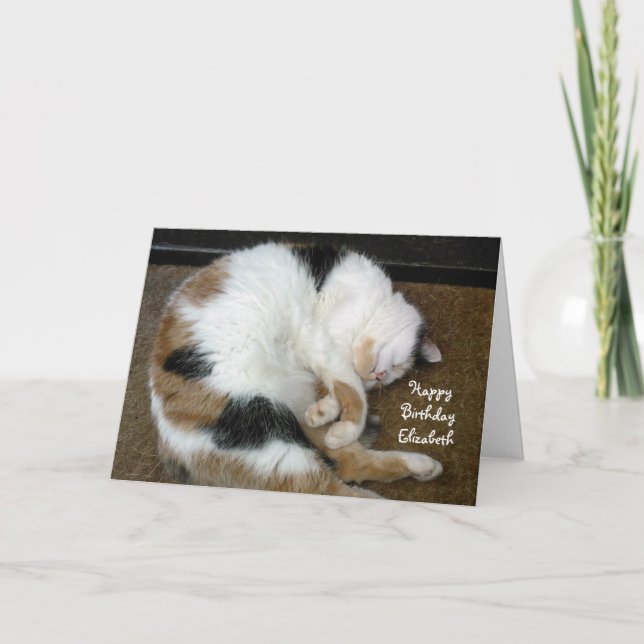Personalised Calico cat curled up asleep Birthday Card (Front)