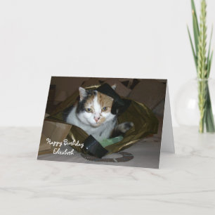 Personalised Calico cat in a shopping bag Birthday Card