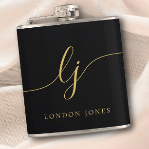 Personalised Calligraphy Black Gold Bachelorette Hip Flask