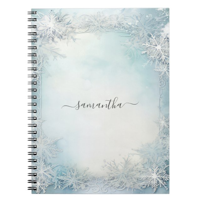 Personalised Calligraphy Blue White Snowflake Notebook (Front)