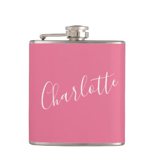 Personalised Calligraphy Name Pink Bachelorette  Hip Flask
