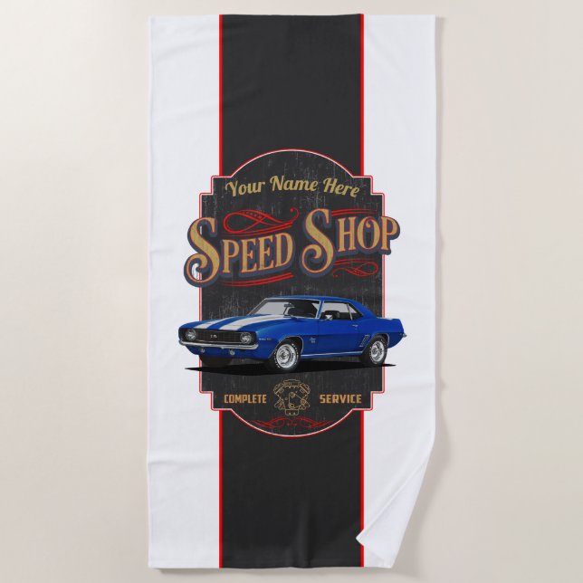 Personalised Camaro Speed Shop Beach Towel (Front)