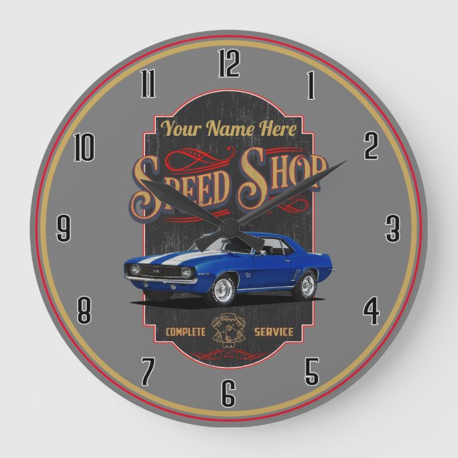 Personalised Camaro Speed Shop Blue Large Clock (Front)