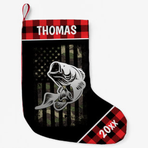 Personalised Camouflage Flag Bass Fishing Plaid Small Christmas Stocking