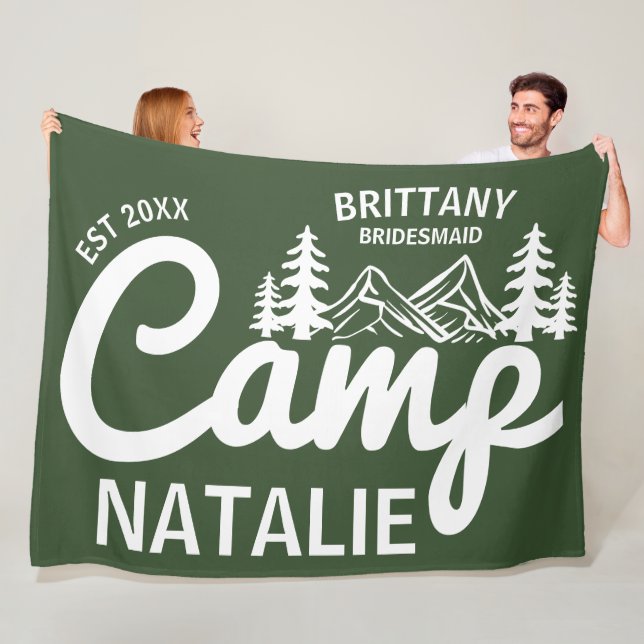 Personalised Camp Bachelorette Party Bridesmaids Fleece Blanket (In Situ)