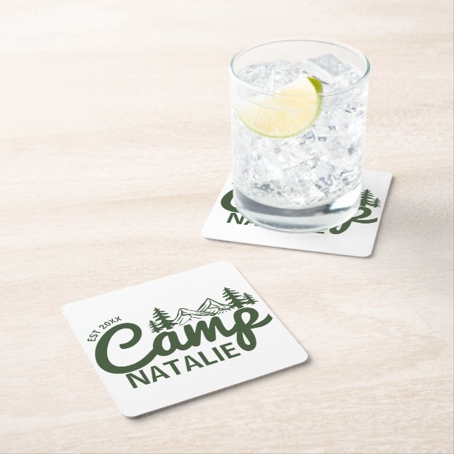 Personalised Camp Bachelorette Party Bridesmaids Square Paper Coaster (Insitu)