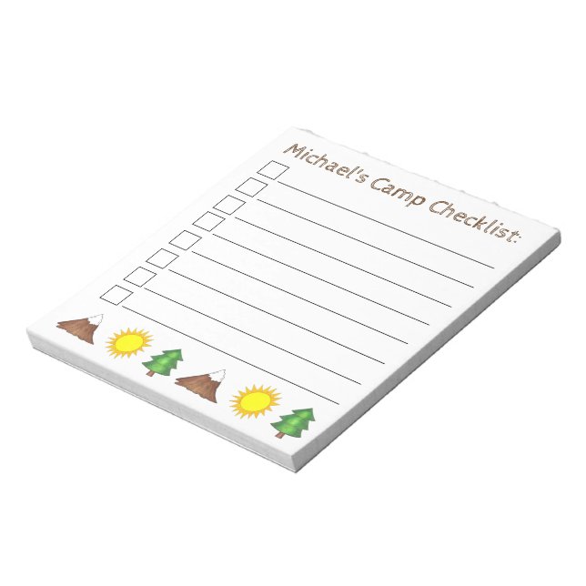 Personalised Camp Checklist Sun Tree Mountain Notepad (Rotated)