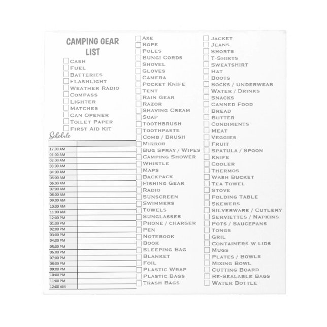 Personalised Camping Gear Check List Notepad (Front)