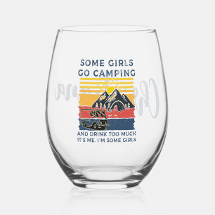 Personalised Camping Girl Funny Retro Girls Camp Stemless Wine Glass