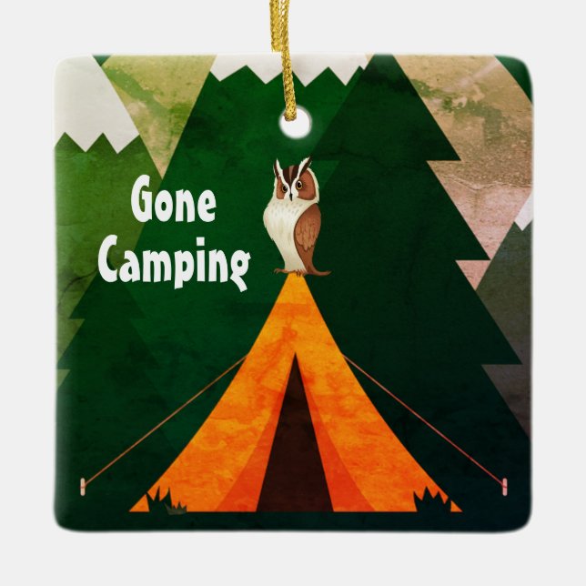 Personalised Camping ~Tent and Owl Christmas Ceramic Ornament (Front)