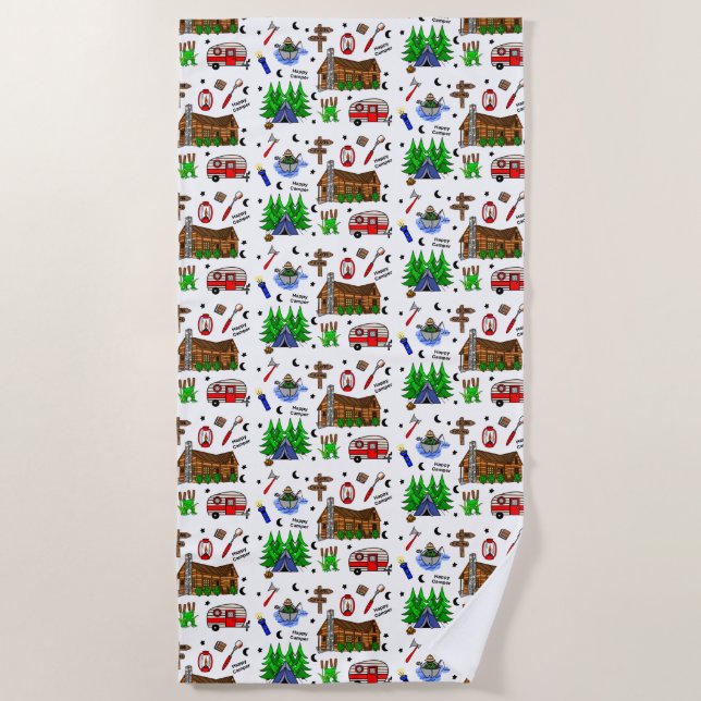 Personalised Camping Themed  Happy Camper   Beach Towel (Front)