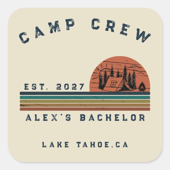 Personalised Camping Weekend Bachelor Party Square Sticker (Front)