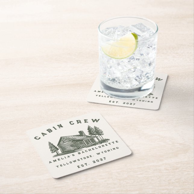 Personalised Camping Weekend Bachelorette Party Square Paper Coaster (Insitu)