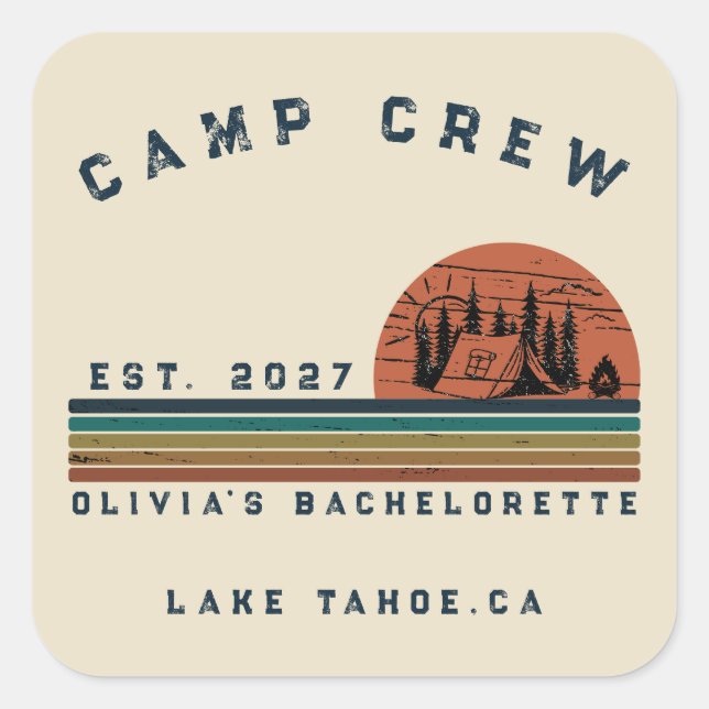 Personalised Camping Weekend Bachelorette Party Square Sticker (Front)
