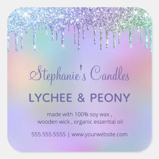 Personalised Candle Label | Dripping Blue Glitter  (Front)