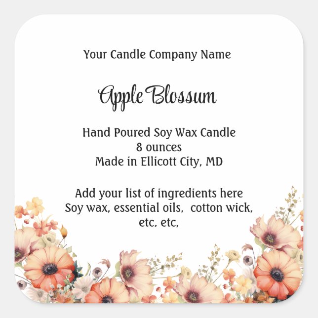 Personalised Candle Labels Peach Wildflower Floral (Front)