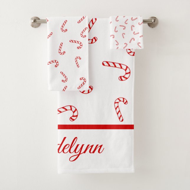 Personalised Candy Cane Christmas Bath Towel Set (Insitu)