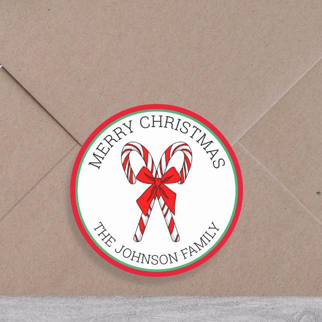 Personalised Candy Canes and Bow Christmas   Classic Round Sticker (Creator Uploaded)