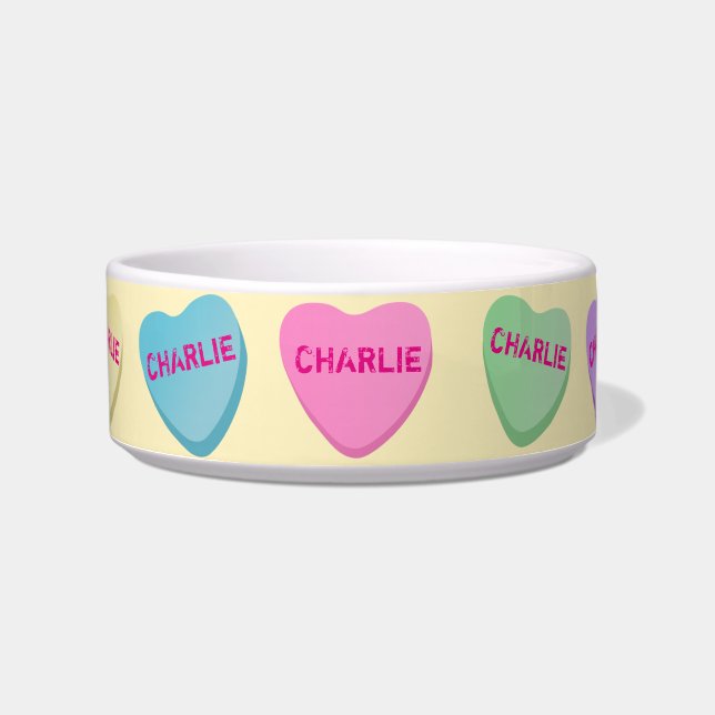 Personalised Candy Hearts on Light Yellow Pet Bowl (Front)
