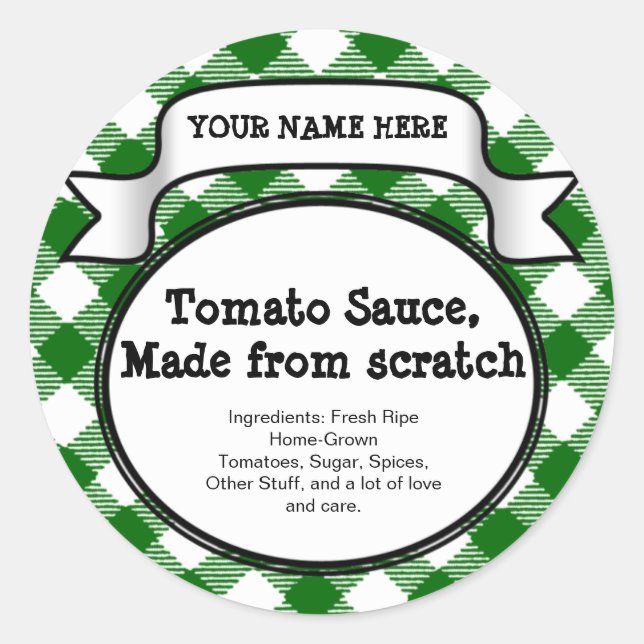 Personalised Canning Jar/Lid Label, Green Gingham Classic Round Sticker (Front)