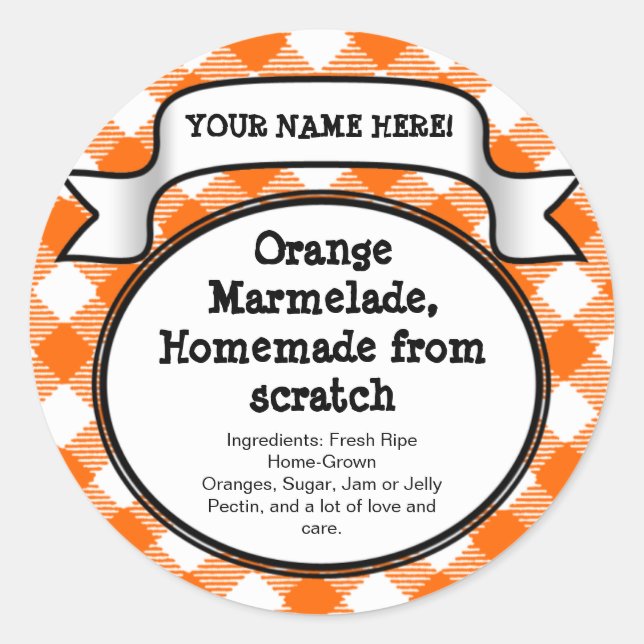 Personalised Canning Jar/Lid Label, Orange Gingham Classic Round Sticker (Front)