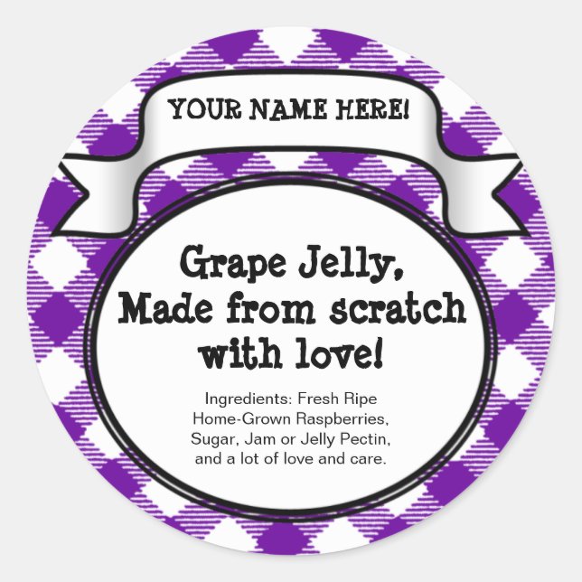 Personalised Canning Jar/Lid Label, Purple Gingham Classic Round Sticker (Front)