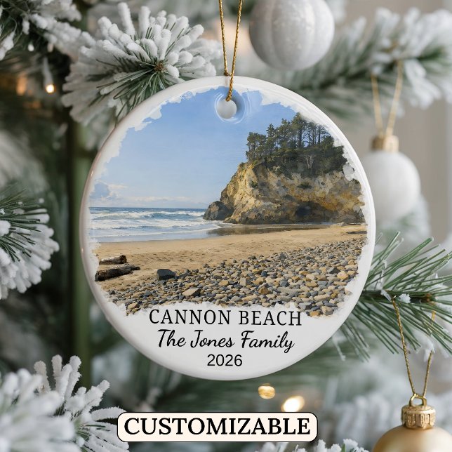 Personalised Cannon Beach Ornament, Custom Oregon Ceramic Tree Decoration (Creator Uploaded)