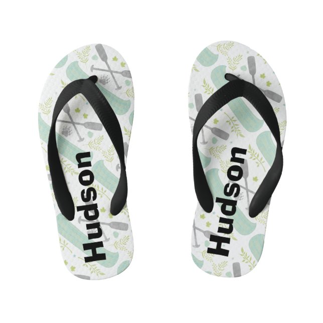 Personalised Canoe & Paddle Mint and Grey Pattern Kid's Flip Flops (Footbed)