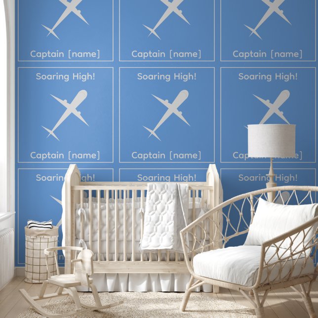 Personalised Captain Aeroplane Blue Fun Kids Room Wallpaper (Kids)