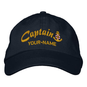 Personalised Captain Lifesaver Anchor Name Golden Embroidered Hat