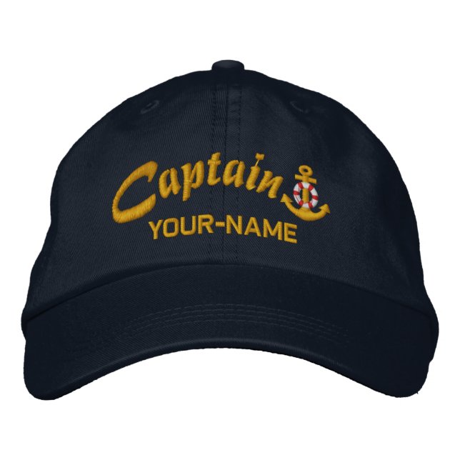 Personalised Captain Lifesaver Anchor Name Golden Embroidered Hat (Front)