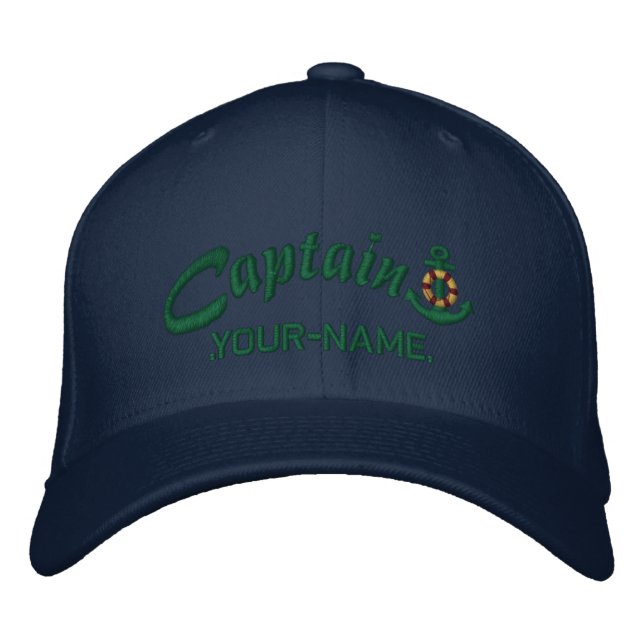 Personalised Captain Lifesaver Anchor Name Green Embroidered Hat (Front)